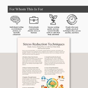 May include: A white infographic titled "Stress Reduction Techniques" with tips for calming the mind and body. The image includes icons and text for individuals feeling overwhelmed, professionals experiencing burnout, and those seeking gentle tools.