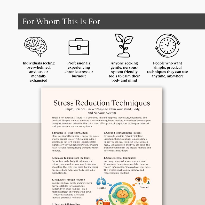 May include: A white infographic titled "Stress Reduction Techniques" with tips for calming the mind and body. The image includes icons and text for individuals feeling overwhelmed, professionals experiencing burnout, and those seeking gentle tools.