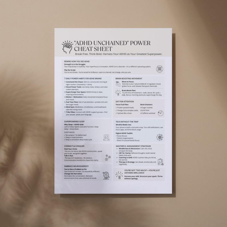 Mockup of ADHD focus sheet next to cozy candle and headphones – mental clarity tool for adults with ADHD