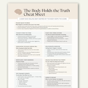Peut inclure: Infographie crème intitulée « The Body Holds the Truth Cheat Sheet » avec des informations détaillées sur les traumatismes, y compris des sections sur le cerveau, le corps et les outils de guérison. Le texte est en noir.