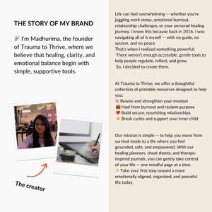Trauma to Thrive brand story page featuring Madhurima, the creator — explaining the mission to help people heal, reflect, and grow with printables for emotional balance.