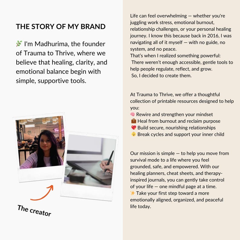 Trauma to Thrive brand story page featuring Madhurima, the creator — explaining the mission to help people heal, reflect, and grow with printables for emotional balance.