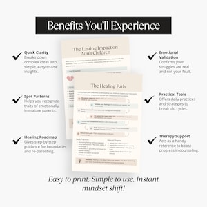 Mockup page titled “Benefits You’ll Experience,” listing quick clarity, spot patterns, healing roadmap, emotional validation, practical tools, and therapy support with preview pages of The Healing Path and The Lasting Impact sections.