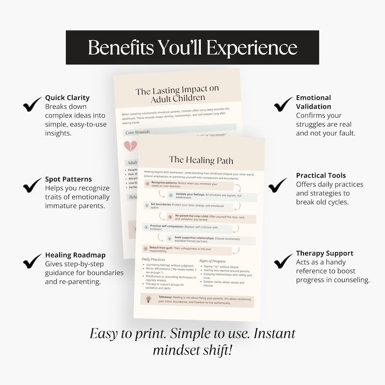 Mockup page titled “Benefits You’ll Experience,” listing quick clarity, spot patterns, healing roadmap, emotional validation, practical tools, and therapy support with preview pages of The Healing Path and The Lasting Impact sections.