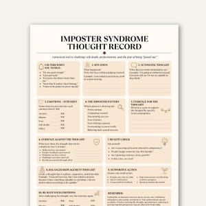 Op de afbeelding: Een beige werkblad getiteld Imposter Syndrome Thought Record met zwarte tekst en iconen. Het bevat tien secties, waaronder situatie, automatische gedachten, emoties, patronen, bewijsmateriaal, realiteitscheck en ondersteunende acties.