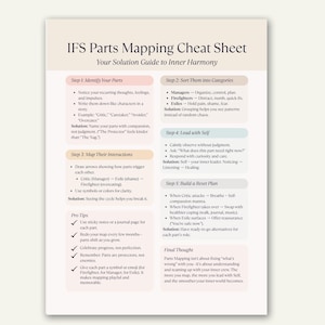 May include: A beige and white "IFS Parts Mapping Cheat Sheet" with text and bullet points. The guide offers steps to identify, sort, map, lead, and build a reset plan for inner harmony. Includes pro tips and a final thought.