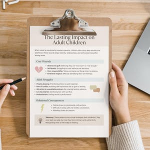 Lifestyle mockup of the “The Lasting Impact on Adult Children” page clipped on a wooden clipboard, held by a person writing with a pencil at a desk near a laptop.