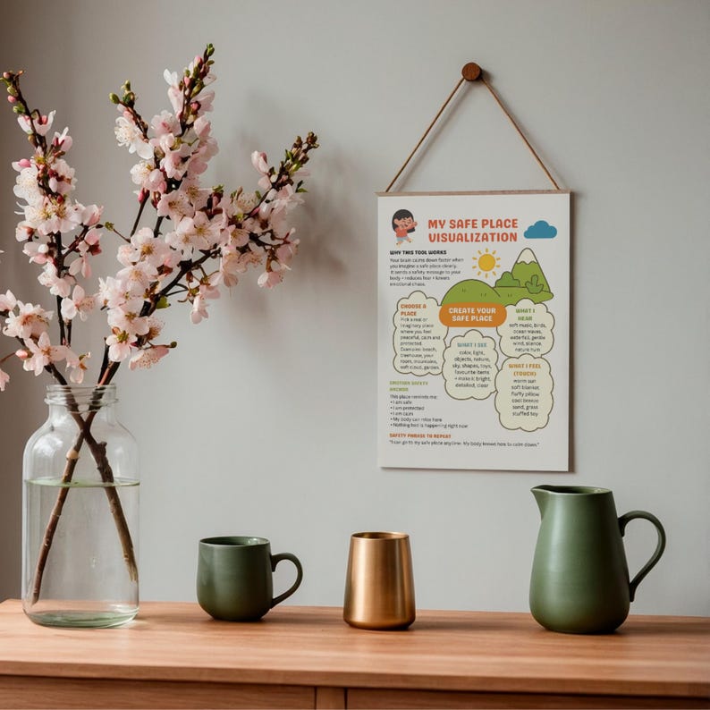Puede incluir: Una mesa de madera exhibe un jarr&oacute;n de vidrio transparente con ramas florecientes rosas, una taza verde, un jarr&oacute;n dorado y una jarra verde. Un letrero colgante dice "MY SAFE PLACE VISUALIZATION" con instrucciones ilustradas.