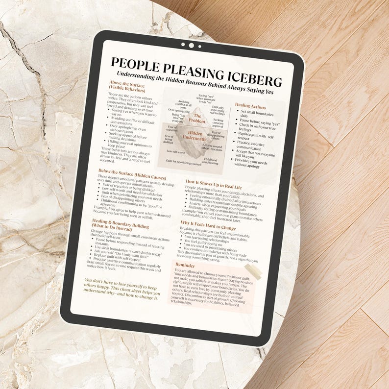 Op de afbeelding: Een digitale tablet toont een zelfhulp gids getiteld "People Pleasing Iceberg". De tekst is in zwart en wit, met secties over het begrijpen van gedrag, verborgen oorzaken en het bouwen van grenzen. De tablet ligt op een lichtgekleurd oppervlak.