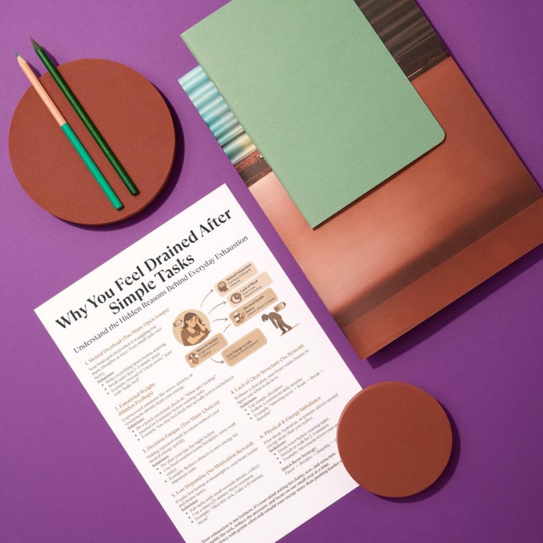 May include: A flat lay featuring stationery on a purple surface. Includes a printed document titled "Why You Feel Drained After Simple Tasks," a green notebook, a brown rectangular pad, two pencils, and two brown coasters. The pencils are green and teal.