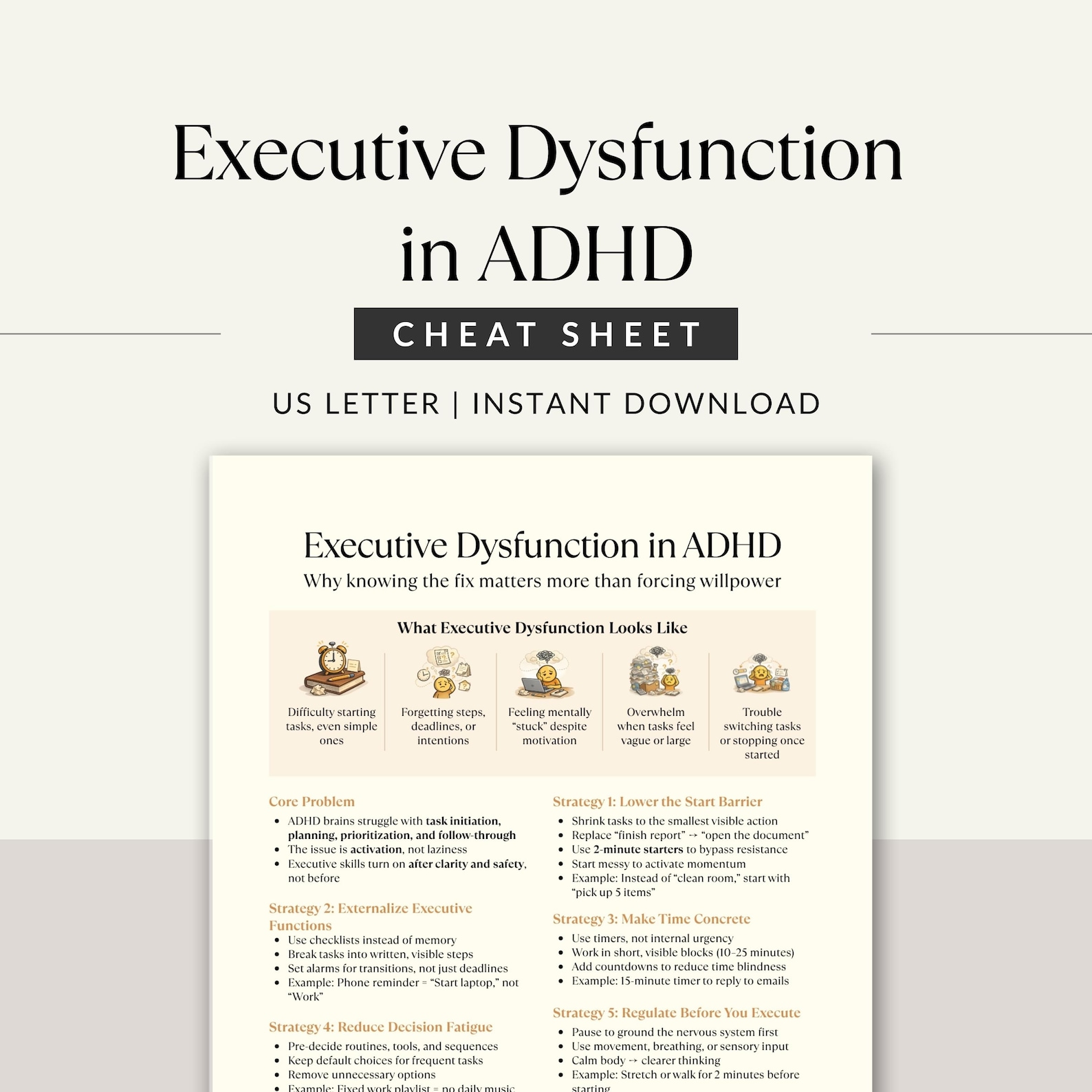 Executive Dysfunction in ADHD Cheat Sheet, Stop Task Paralysis and ...