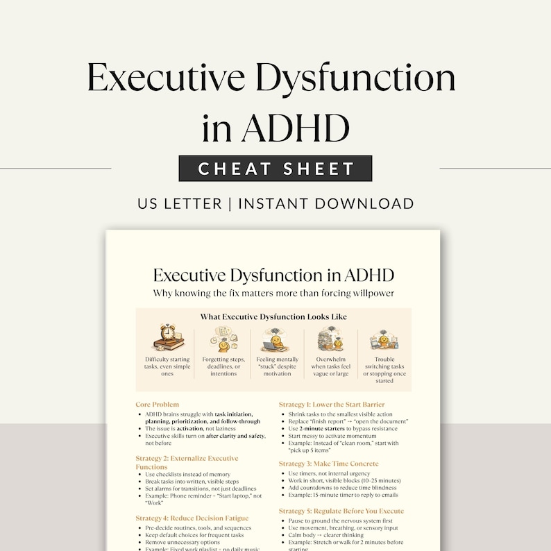 Executive Dysfunction in ADHD Cheat Sheet, Stop Task Paralysis and ...