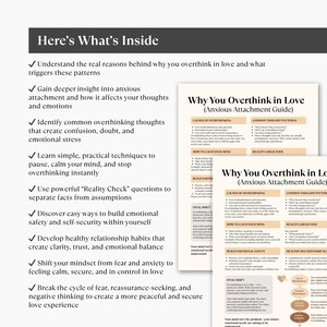 May include: A white and beige guide titled "Why You Overthink in Love (Anxious Attachment Guide)" with bullet points describing the guide's contents. The guide aims to help readers understand and manage overthinking in relationships.
