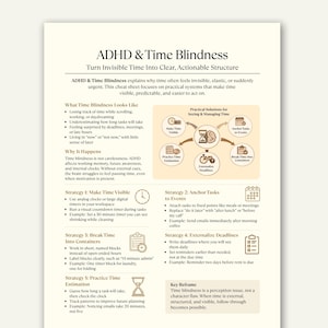 Puede incluir: Una infografía en blanco y beige titulada "ADHD & Time Blindness" con viñetas y diagramas. El texto explica cómo gestionar el tiempo de forma eficaz, incluyendo estrategias como el uso de temporizadores y la división de tareas en bloques más pequeños. La infografía está diseñada para ayudar a personas con TDAH.