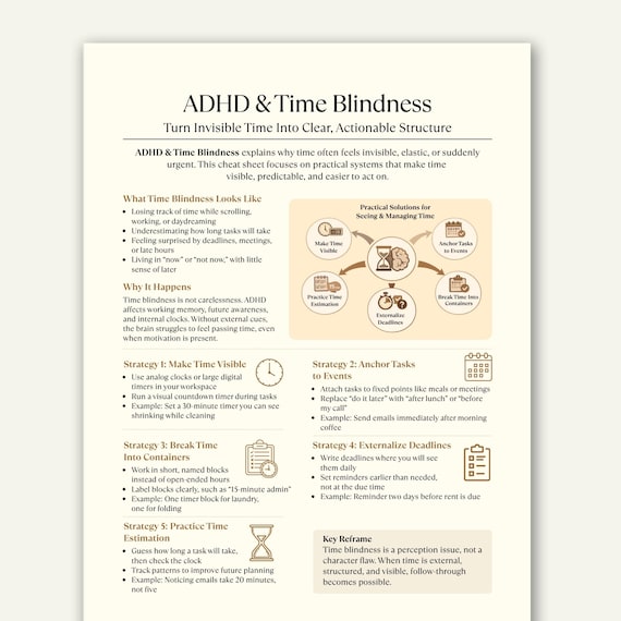 ADHD Time Blindness Cheat Sheet, Time Management Printable for Adults, Productivity and Planning Tool