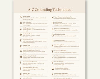 Técnicas de conexión a tierra de la A a la Z (imprimibles), hoja de trabajo para aliviar la ansiedad y practicar la terapia de atención plena para la sanación del trauma.