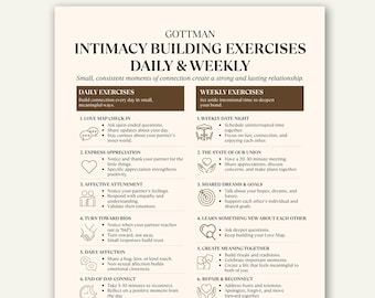 Puede incluir: Un gráfico informativo beige y marrón titulado "Ejercicios de Construcción de la Intimidad Diarios y Semanales" de Gottman. El gráfico enumera ejercicios diarios y semanales para construir la conexión, incluyendo revisiones del mapa de amor y citas semanales.