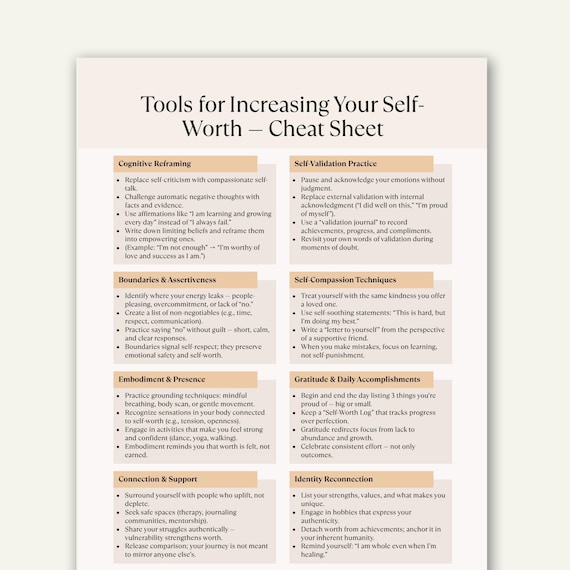 Self Worth and Confidence Printable, Therapy Worksheet for Self Love, Mindset Growth PDF
