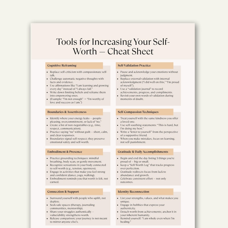 Printable Self-Worth and Confidence Cheat Sheet featuring 8 healing sections including reframing, self-validation, and self-compassion — beige minimal layout designed by Trauma to Thrive.