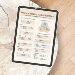 Tablet mock-up displaying Decision Making Skills Cheat Sheet digital download PDF for iPad or tablet use.