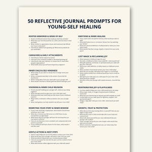 May include: A white and beige journal with the title "50 Reflective Journal Prompts for Young-Self Healing" and various prompts. The text is in a dark blue font. The journal is designed for self-reflection and inner child work.