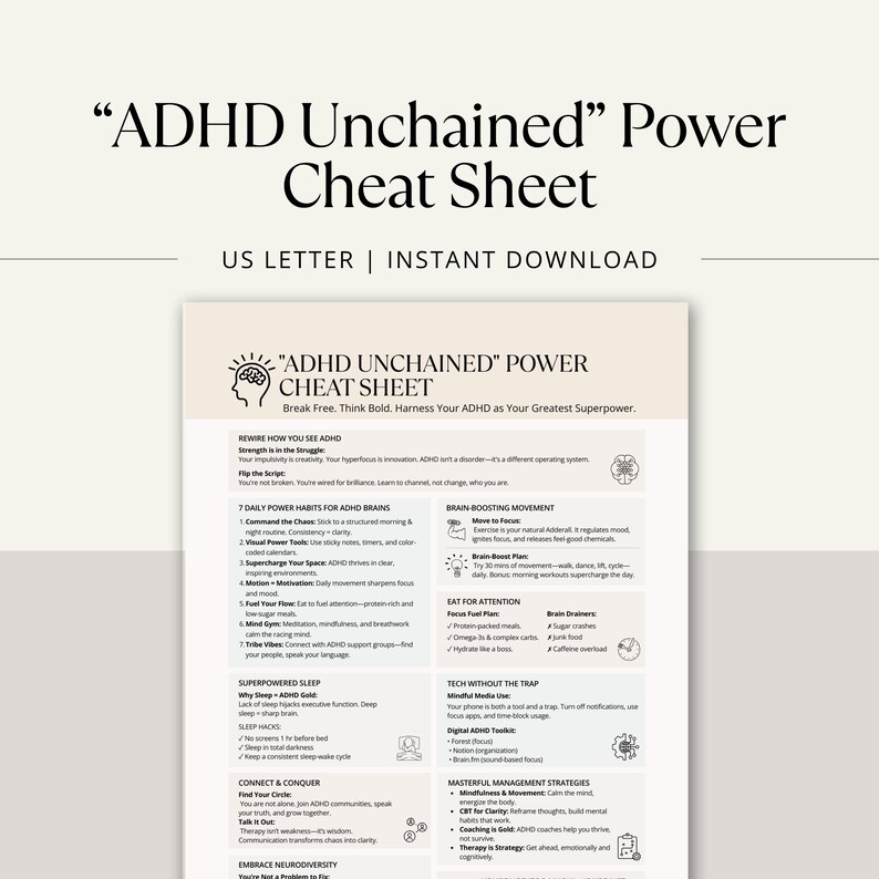 Printable ADHD planner page displayed on desk with coffee and planner accessories – focus toolkit for neurodivergent minds