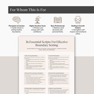For Whom This Is For mock-up with icons for therapists, sensitive souls, professionals, and healing seekers — Boundary Setting Scripts Printable.