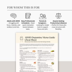 For Whom This Is For page of ADHD Dopamine Menu Guide, showing icons for adults with ADHD, students, parents, and productivity seekers.
