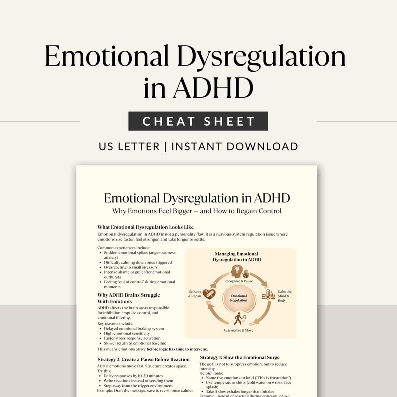 May include: A white cheat sheet titled "Emotional Dysregulation in ADHD" with the text "US LETTER | INSTANT DOWNLOAD." The sheet provides information on emotional regulation, including how to regain control and manage emotional surges.
