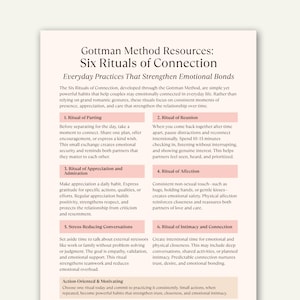 May include: A cream-colored document with the title "Gottman Method Resources: Six Rituals of Connection." The text describes everyday practices to strengthen emotional bonds, including rituals of parting, reunion, appreciation, affection, conversations, and intimacy.