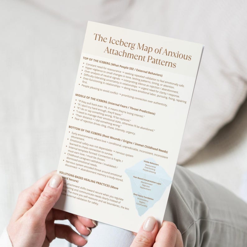 Woman holding printed Anxious Attachment Iceberg Map worksheet, minimalist therapy-informed cheat sheet for anxious attachment.