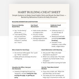 May include: A white cheat sheet titled "HABIT BUILDING CHEAT SHEET" with sections on building momentum and motivation. The sheet includes tips on focusing on identity-based wins, using visual momentum, and celebrating small milestones. It also covers micro goals, stack motivation, and visualizing effort.