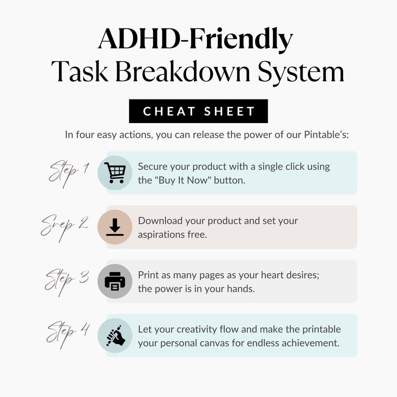 May include: A white printable titled "ADHD-Friendly Task Breakdown System" with a "Cheat Sheet" section. It outlines a four-step process: buy, download, print, and create. The steps are illustrated with icons and text.