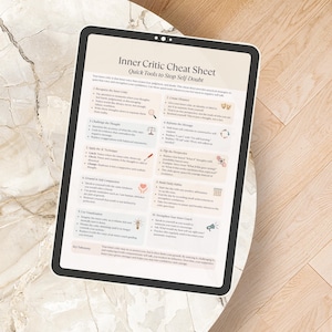 Tablet mockup of the Inner Critic Cheat Sheet displayed digitally on a marble tabletop, showing compatibility with devices for digital use.
