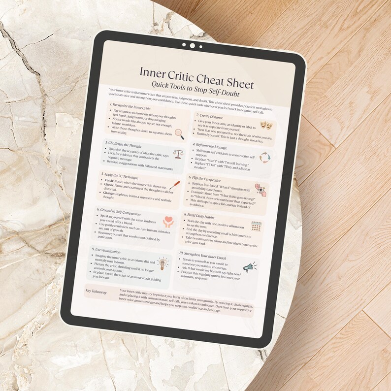 Tablet mockup of the Inner Critic Cheat Sheet displayed digitally on a marble tabletop, showing compatibility with devices for digital use.