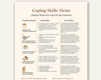 May include: A beige and brown coping skills menu with text and illustrations. The menu offers regulation recipes, coping skills, and how they help. It includes sections on quick starters, main regulation tools, emergency reset, comfort picks, and daily maintenance.