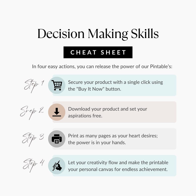 How to download guide showing 4 easy steps to purchase, download, print, and use the Decision Making Skills Cheat Sheet printable.