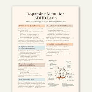 May include: A white and beige informational guide titled "Dopamine Menu for ADHD Brain." The guide provides strategies for managing dopamine levels, including quick boosts, medium boosts, high-reward tasks, and low-dopamine resets. It also includes sections on social and emotional boosters.