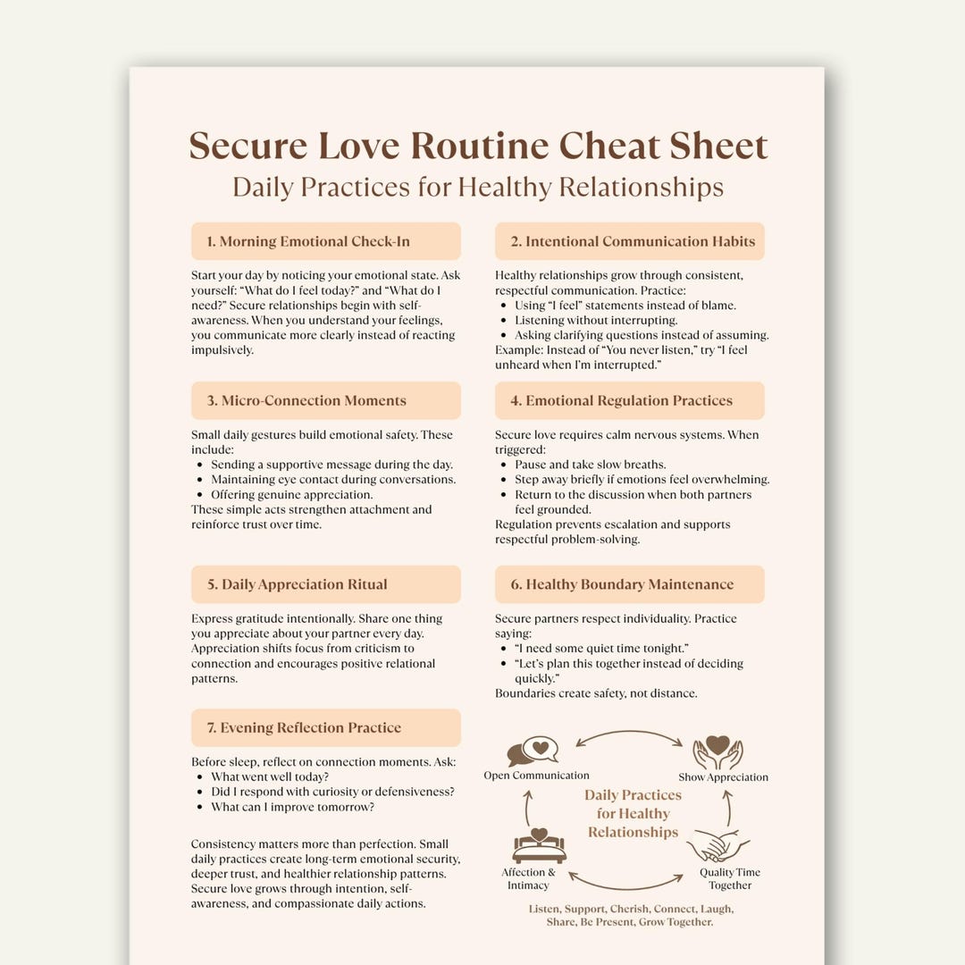Secure Love Routine Cheat Sheet, Secure Attachment Guide, Relationship ...