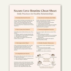 May include: A cream-coloured cheat sheet titled "Secure Love Routine Cheat Sheet" with text detailing daily practices for healthy relationships. The sheet includes sections on emotional check-ins, communication habits, and boundary maintenance. A diagram illustrates key relationship elements.