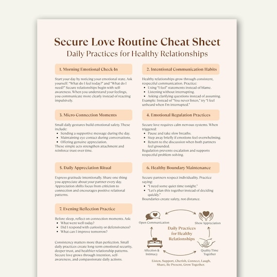 Secure Love Routine Cheat Sheet, Secure Attachment Guide, Relationship Communication and Emotional Regulation Printable