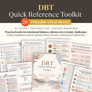 Op de afbeelding: Een verzameling van 20 printbare DBT Quick Reference Toolkit spiekbriefjes in US Letter-formaat. De documenten bevatten pastelkleurige tabellen, stroomdiagrammen en tekst over mindfulness, emotieregulatie, stresstolerantie en communicatievaardigheden.