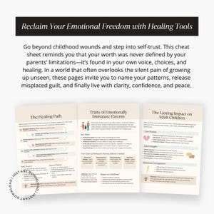 Mockup with title “Reclaim Your Emotional Freedom with Healing Tools,” describing how the cheat sheet helps release guilt and build clarity, confidence, and peace. Includes preview images of The Healing Path, Traits of Emotionally Immature Parents, and The Lasting Impact pages.