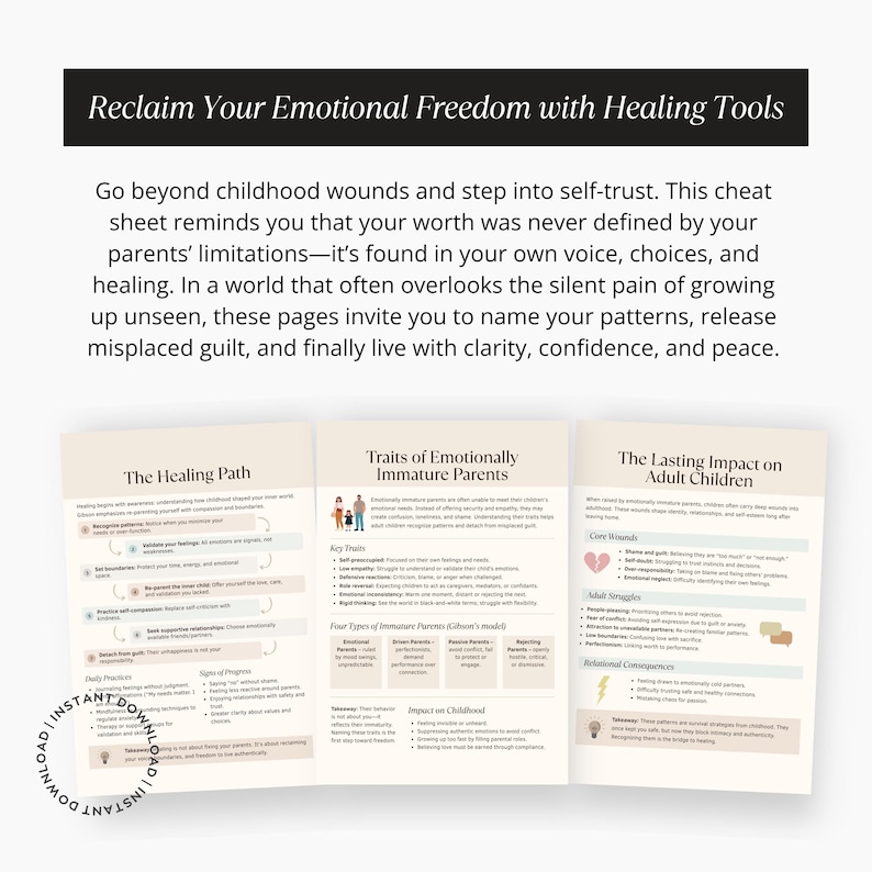 Mockup with title “Reclaim Your Emotional Freedom with Healing Tools,” describing how the cheat sheet helps release guilt and build clarity, confidence, and peace. Includes preview images of The Healing Path, Traits of Emotionally Immature Parents, and The Lasting Impact pages.