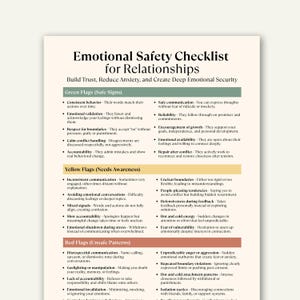 Lista de verificação de segurança emocional para relacionamentos, terapia com sinais de alerta (vermelho e verde) - PDF para impressão