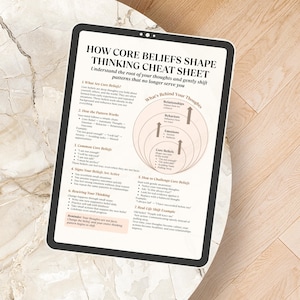 May include: A white tablet displays a 'Thinking Cheat Sheet' with text about core beliefs, emotions, and behaviors. The text includes diagrams and bullet points, offering a guide to understanding and shifting thought patterns.