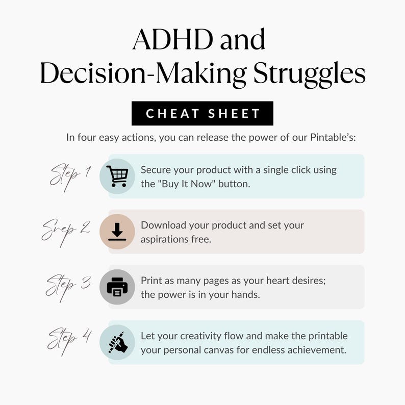 May include: A white printable titled "ADHD and Decision-Making Struggles" with the words "CHEAT SHEET" in a black box. The steps are numbered and include a shopping cart, a download icon, a printer, and a hand with a pen.