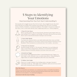 May include: A beige and white informational page titled "5 Steps to Identifying Your Emotions." The text describes a 5-step process to understand feelings, including pausing, noticing body signals, naming emotions, identifying triggers, and validating feelings.