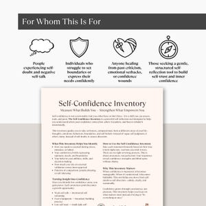 May include: A printed document titled "Self-Confidence Inventory" with text and graphics. The document is designed to help individuals build self-trust and inner confidence. The top of the document has the title "For Whom This Is For".