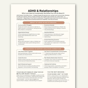 Pode incluir: Uma página impressa intitulada "TDAH e Relacionamentos" com seções sobre desafios e soluções. O texto inclui informações sobre comunicação, intensidade emocional e estratégias para conexões mais saudáveis.